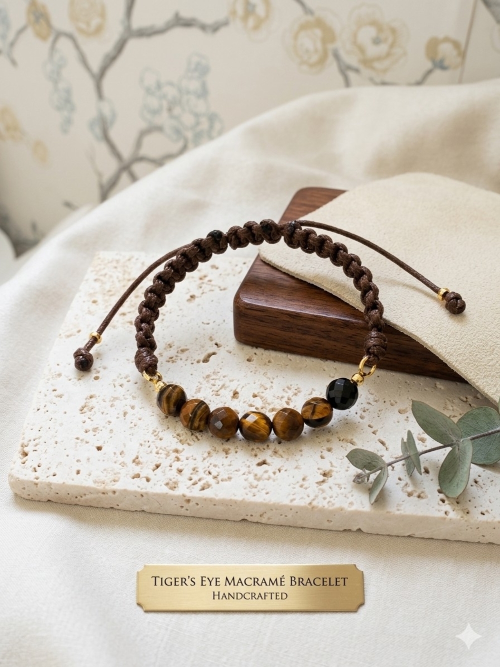 Tiger's Eye Macramé Bracelet - Brown with Black Accent